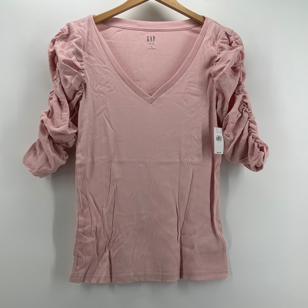 Gap Rib Tee Women Large Pink Ruched Puff Sleeve V-Neck NWT Cotton Modal Stretch